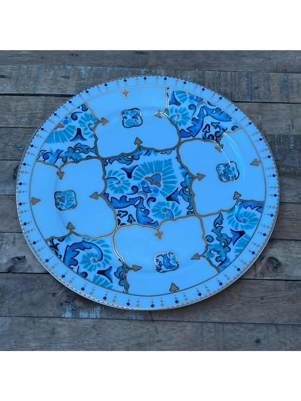 Bella Vita Bone China Serving Plate 12" Amalfi Diamond Blue Motifs Gold Accents